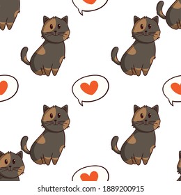 kawaii cat with love in seamless pattern with colored doodle style on white background