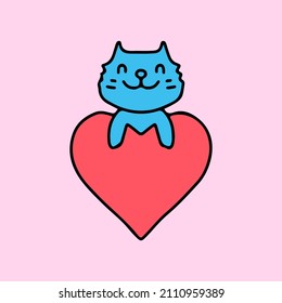 Kawaii cat mascot character with big heart. Illustration for sticker and t shirt.