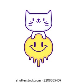 El gato kawaii con el dibujo de un doodle de cara de emoji fundido, ilustración para camisetas, pegatinas o prendas de vestir. Con estilo pop moderno.