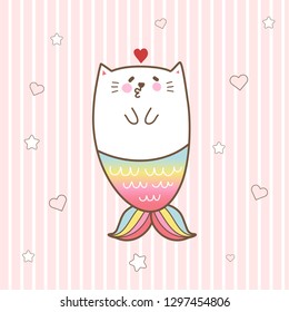 kawaii cat mermaid with pastel colors background for Valentine's day.
