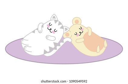 kawaii cat and mouse sleeping cartoon