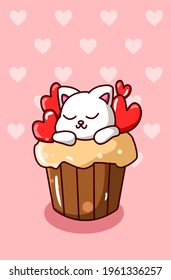 Kawaii cat on the cupcake with small hearts cartoon illustration
