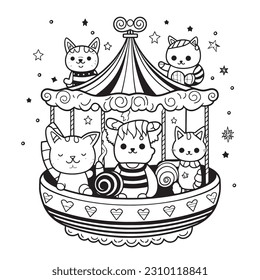 Kawaii A cat on a magical carousel ride with creatures from fairy tales , Black and white coloring pages for kids, simple lines, vector style