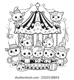 Kawaii A cat on a magical carousel ride with creatures from fairy tales , Black and white coloring pages for kids, simple lines, vector style