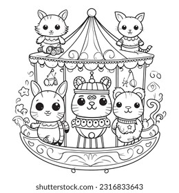 Kawaii A cat on a magical carousel ride with creatures from fairy tales , Black and white coloring pages for kids, simple lines, vector style