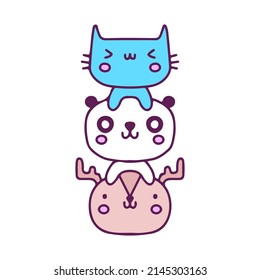 Kawaii cat, panda, and deer mascot, illustration for t-shirt, sticker, or apparel merchandise. With doodle, retro, and cartoon style.