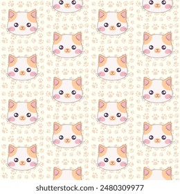 Kawaii cat with paw seamless pattern. Pattern for international cat day