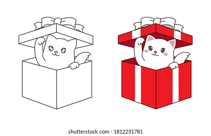 Kawaii cat peek from inside gift box for christmas present. Hand drawn line art for children coloring page. Flat vector isolated on white.