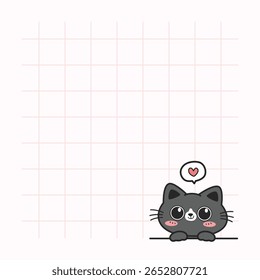 Kawaii cat peeking with heart on square background with light pink grid, Cute cat cartoon hand-drawn peeking, Concept for Memo paper note