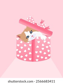 Kawaii cat Peeking Out of a Heart-Patterned Gift Box, perfect for romantic or celebratory themes like Valentine's Day