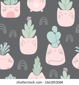 Kawaii cat plant pots with succulents pattern background. Cute vector seamless design.