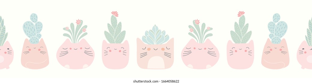 Kawaii cat plant pots with succulents seamless banner background. Cute vector border pattern design.