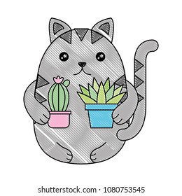 kawaii cat with potted plants cactus cartoon