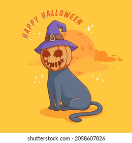 kawaii cat with pumpkin head cartoon character for halloween invitation card, poster or banner