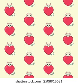 Kawaii cat with red heart seamless pattern. Cute cat pattern with heart