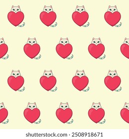 Kawaii cat with red heart seamless pattern. Cute cat pattern with heart