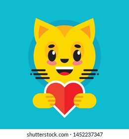 Kawaii cat with red heart. Vector illustration.