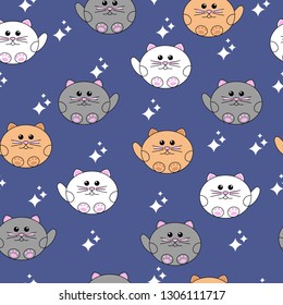 Kawaii cat. Seamless cute cat pattern. Nursery background. Vector illustration. For kids cloth, fabric, wrapping paper, home decor. 