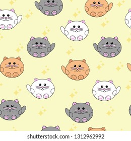 Kawaii cat. Seamless cute cat pattern. Nursery background. Vector illustration. Yellow background. For kids cloth, fabric, wrapping paper, home decor. 