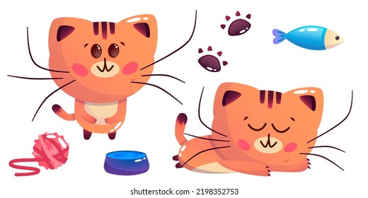 Kawaii cat, set with fish, paw tangle. Vector simple cartoon illustration. Funny cartoon cute character. Animal cat face