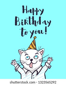 Kawaii, a cat in a shirt and cap. lettering happy birthday, vector illustration. Greeting card, drawing for your design.

