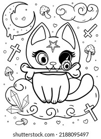 Kawaii cat sitting in clouds. Coloring book for Halloween. Coloring book for children and adults. Halloween. Horror kawaii