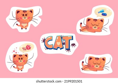 Kawaii Cat Sticker Set With Fish, Paw Tangle. Vector Simple Cartoon Illustration. Funny Cartoon Cute Character. Animal Cat Face.