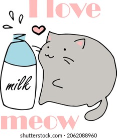 Kawaii cat sticker. Cat vector illustration. Cat with milk and an heart. Card with a cat