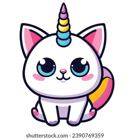 Kawaii Cat Unicorn or Caticorn - Whimsical and Cute Feline Fantasy Illustration