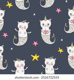 Kawaii Cat Unicorn mermaid, Caticorn or Kitten Unicorn on blue. Vector seamless pattern for kids design prints, posters, t-shirts, stickers