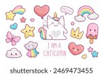 Kawaii Cat Unicorn with pattern elements in pastel colors vector set. Cute Kitten Unicorn with kawaii ice cream, cloud, rainbow, heart, happy star. Pattern elements for Happy Birthay party design