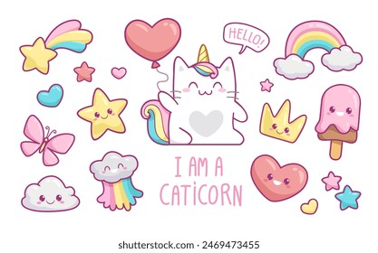 Kawaii Cat Unicorn with pattern elements in pastel colors vector set. Cute Kitten Unicorn with kawaii ice cream, cloud, rainbow, heart, happy star. Pattern elements for Happy Birthay party design