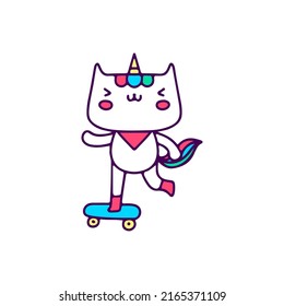 Kawaii cat unicorn riding skateboard, illustration for t-shirt, sticker, or apparel merchandise. With doodle cartoon style.