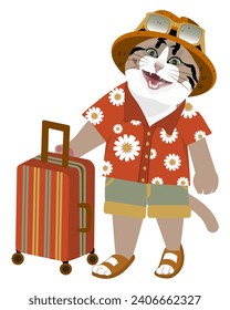 Kawaii cat, wearing a summer outfit complete with sunglasses, carrying a suitcase, travel concept