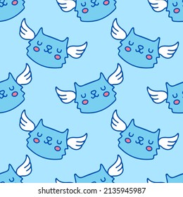 Kawaii cat and wings on blue background seamless pattern. Modern vintage, pop art style seamless pattern concept.