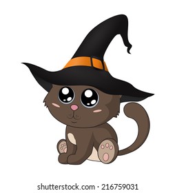 Kawaii cat in a witch hat. Cute illustration.  Eps 10.