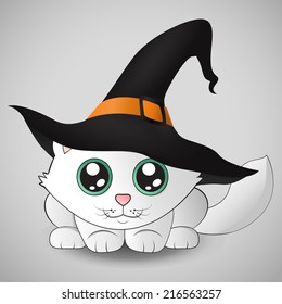 Kawaii cat in a witch hat. Eps 10. Cute illustration.