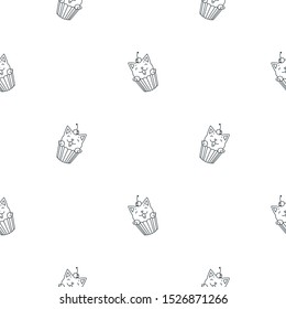 Kawaii catcake pattern. Black-n-white seamless pattern with doodle cupcake kittens on white background. Vector illustration 8 EPS.