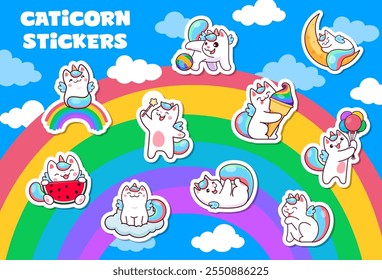 Kawaii caticorn cats and kittens characters stickers on rainbow sky vector background. Cute unicorn cat playing with balloons, magic wand, clew and tail, funny caticorn sleeping on moon stickers pack