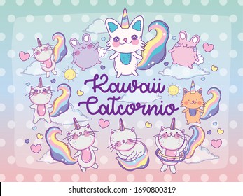 Kawaii caticorns and rabbits cartoons design, magic fantasy fairytale childhood animal fairy wild cute and lovely theme Vector illustration
