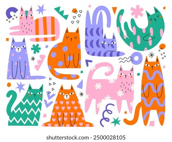 Personajes de gatos kawaii con patrón geométrico de garabatos decorativos de colores abstractos en el conjunto del cuerpo. Divertida mascota adorable de gatitos mullidos con estampados de moda en la espalda y la Ilustración vectorial de diseño de barriga