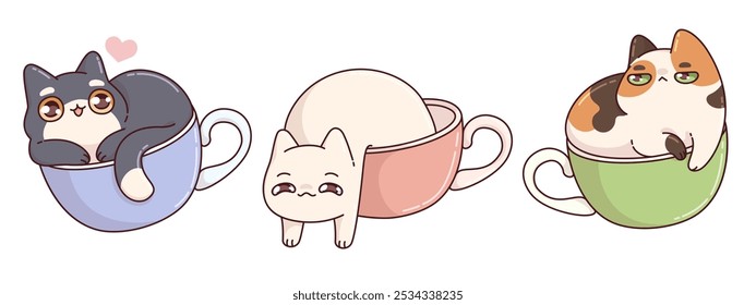 Kawaii cats in cups set isolated on white background. Contemporary vector cartoon illustration of cute kitten characters sitting and lying in mug, happy and grumpy pet, funny stickers for coffee shop