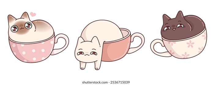 Kawaii cats in cups set isolated on white background. Contemporary vector cartoon illustration of cute kitten characters sitting and lying in mug, happy and tired pet, funny stickers for coffee shop