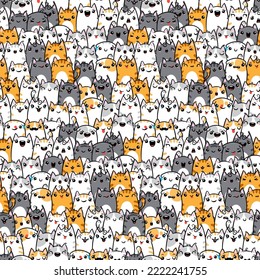 Kawaii cats, funny animal, crowd cartoon seamless pattern in flat illustration style. Cute kitten pet group, endless background, diverse domestic cats breed vector wallpaper