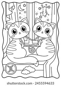 Kawaii cats, gemini, zodiac sign, cute kittens. Cute characters. Coloring page, page, book, black and white vector illustration.