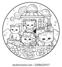 Kawaii cats on a magical train journey through landscapes of candy and sweets , Black and white coloring pages for kids, simple lines, vector style