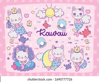 Sirenas de gatos Kawaii almacenar dibujos animados diseño, expresión carácter lindo divertido y tema emoticono ilustración vectorial