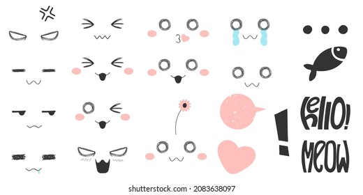 Kawaii gatiza varias emociones: feliz, amor, beso, enojado, llorando, confuso y etc al estilo anime o manga. Conjunto dibujado a mano con caras gatitas graciosas en diseño plano de caricatura aislado en fondo blanco