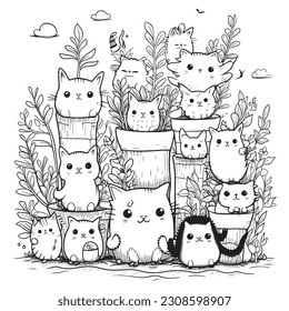 kawaii cats in a whimsical garden with plants that grow giant sized , Black and white coloring pages for kids, pixar, simple lines, vector style