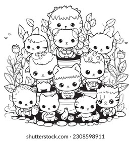 kawaii cats in a whimsical garden with plants that grow giant sized , Black and white coloring pages for kids, pixar, simple lines, vector style